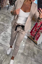 Women's blazer and pants set, two-piece elastic waist office wear