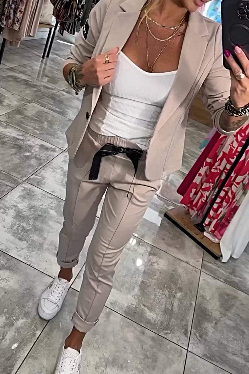 Women's blazer and pants set, two-piece elastic waist office wear