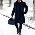 Men's double-breasted long coat in navy blue with lapel collar, winter outerwear