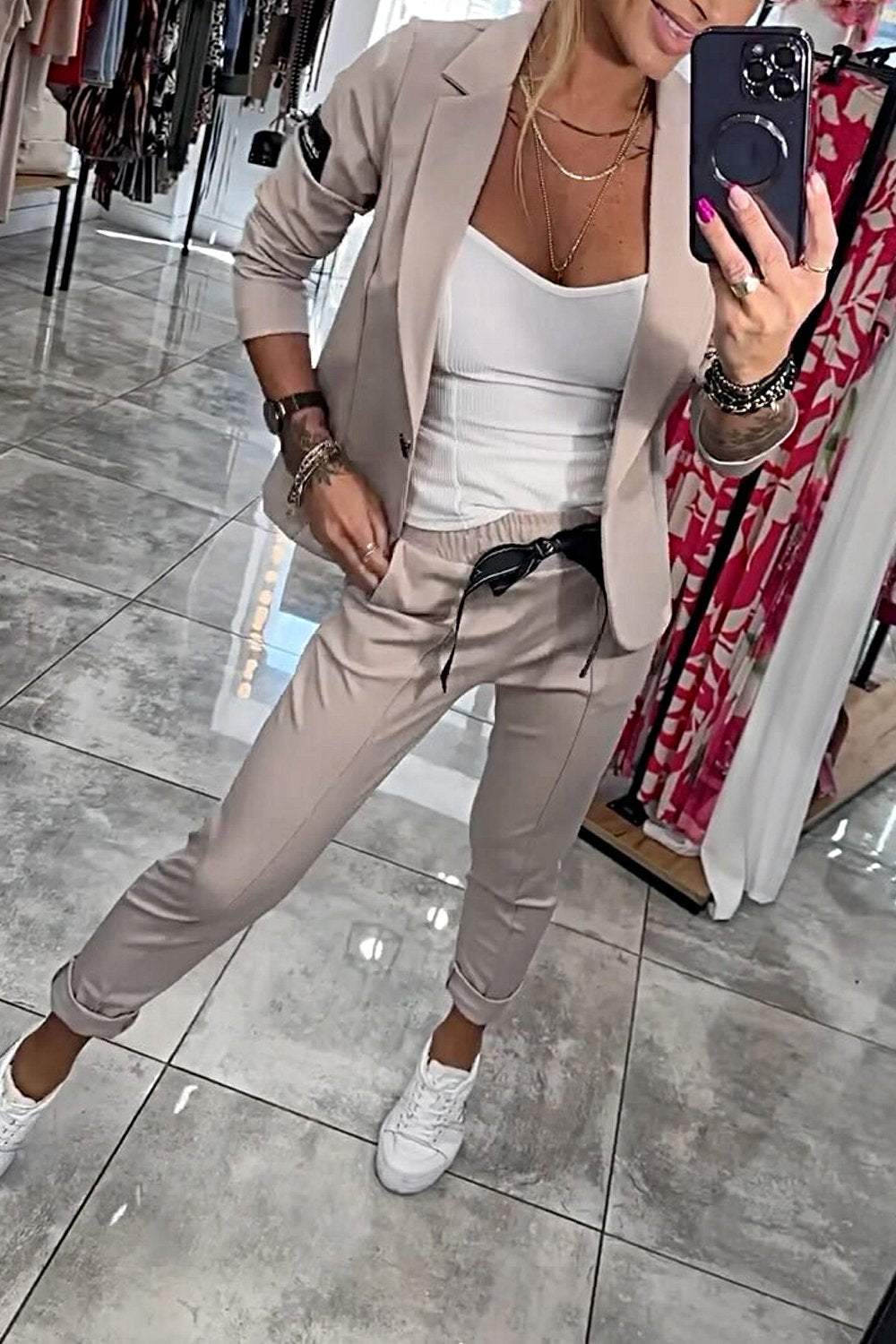 Women's blazer and pants set, two-piece elastic waist office wear