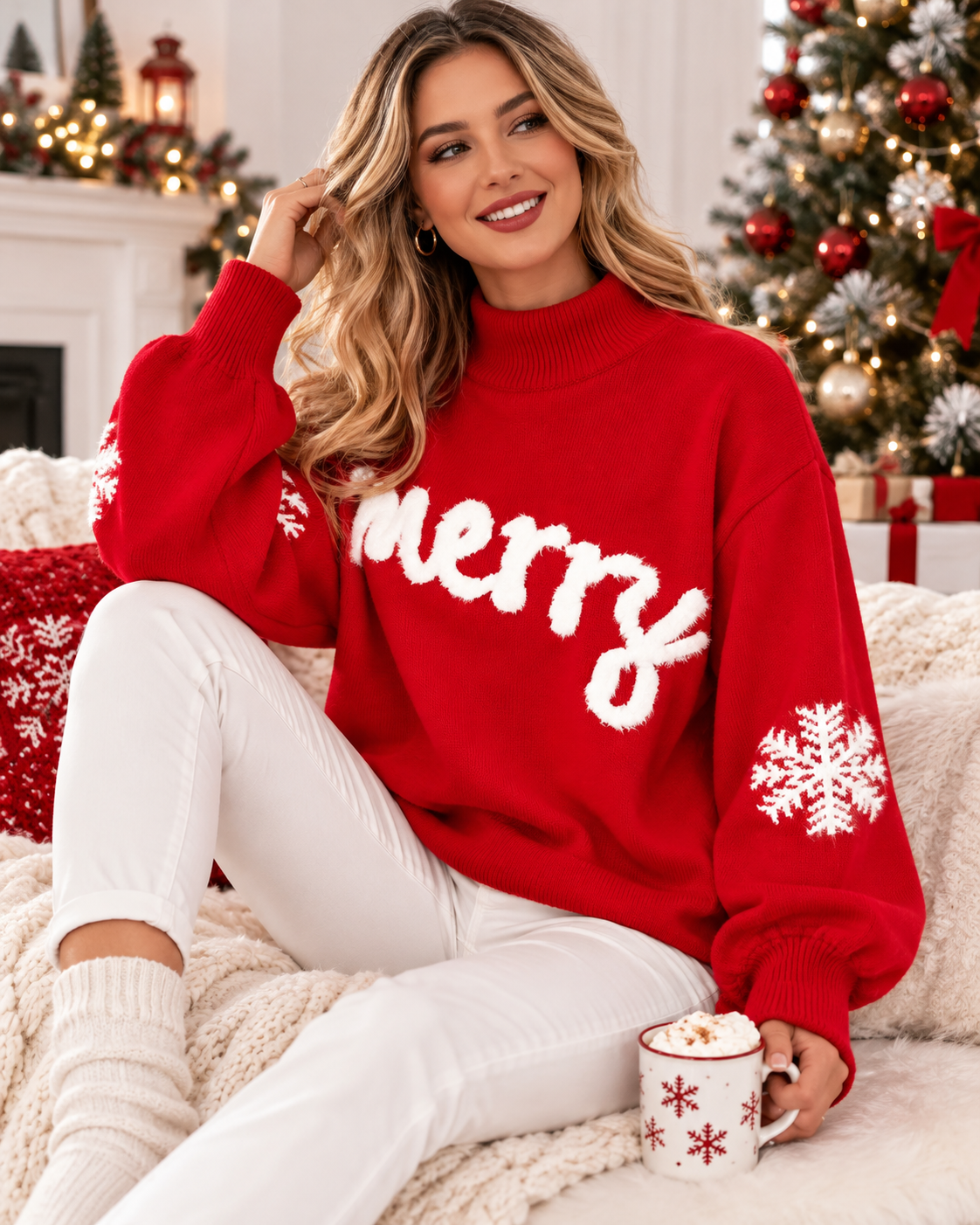 Christmas Sweater Women Red Turtleneck Long Sleeve Knit Loose Fit