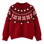 Christmas Sweater Women Nordic Jacquard Pom Pom Crew Neck Long Sleeve