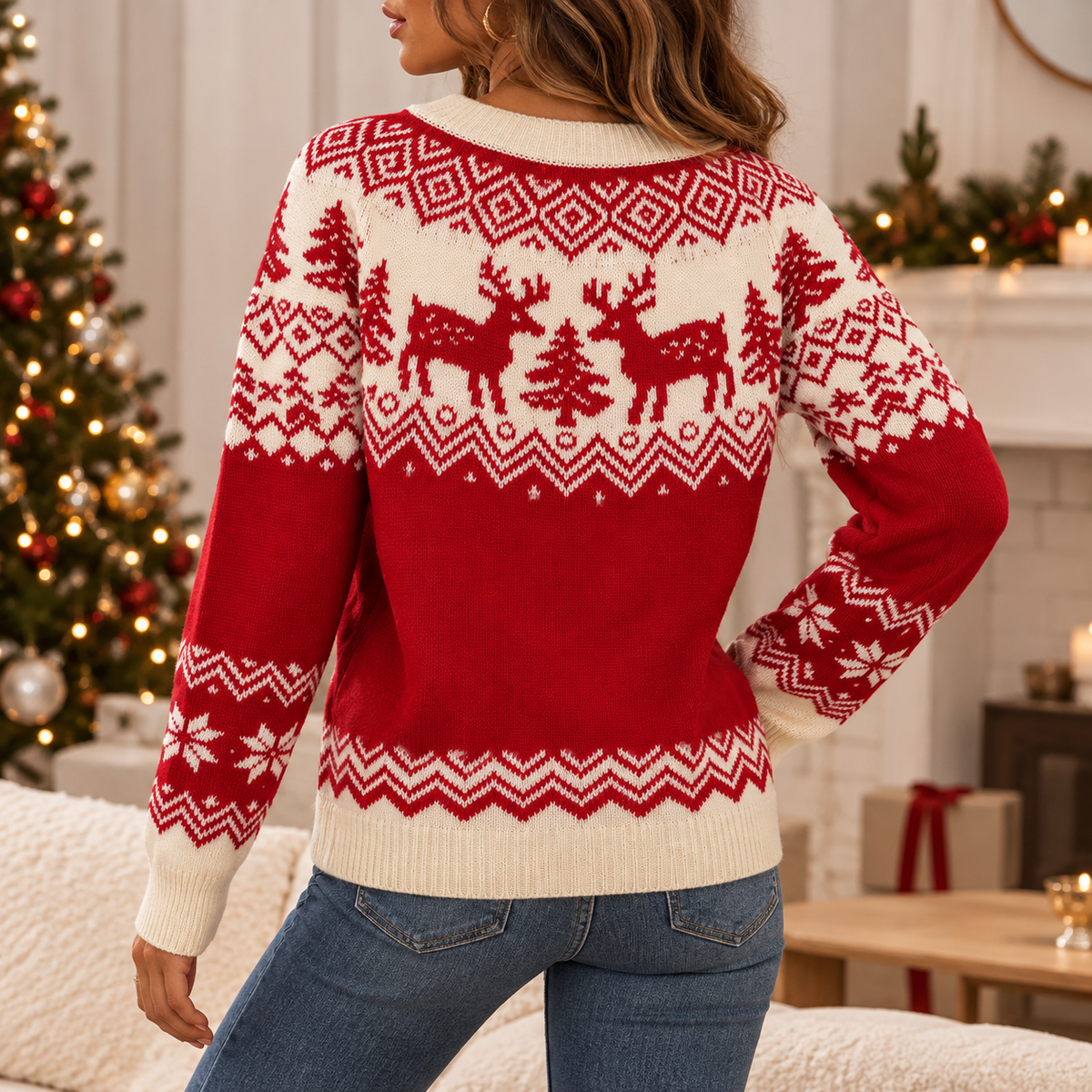 Christmas Sweater Women Reindeer Snowflake Fair Isle Knit Winter