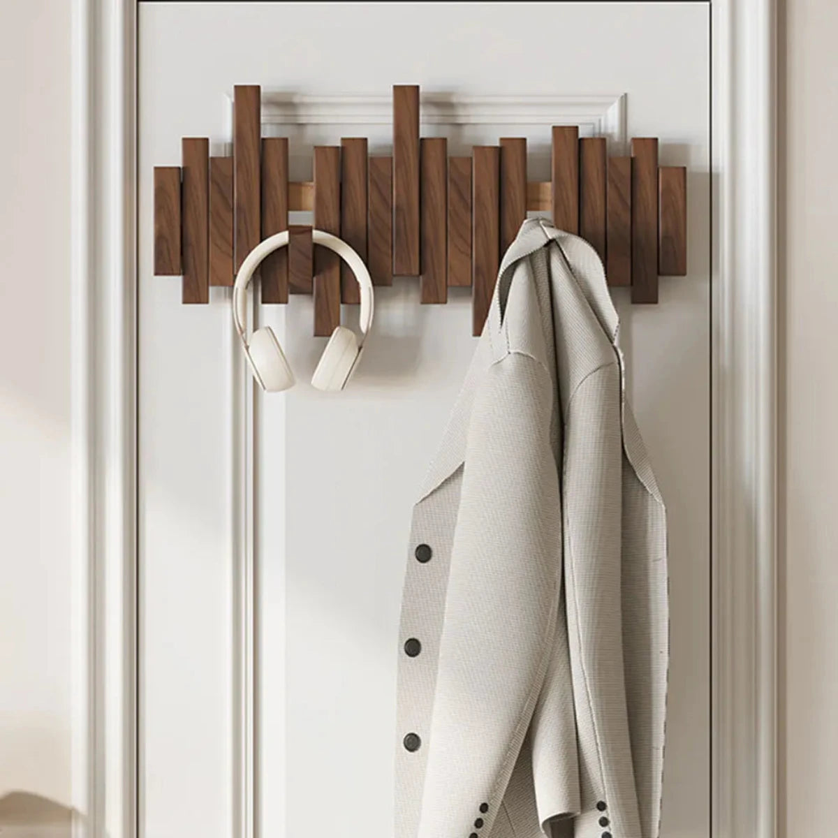 Walnut beech wood piano key wall coat rack with foldable hooks