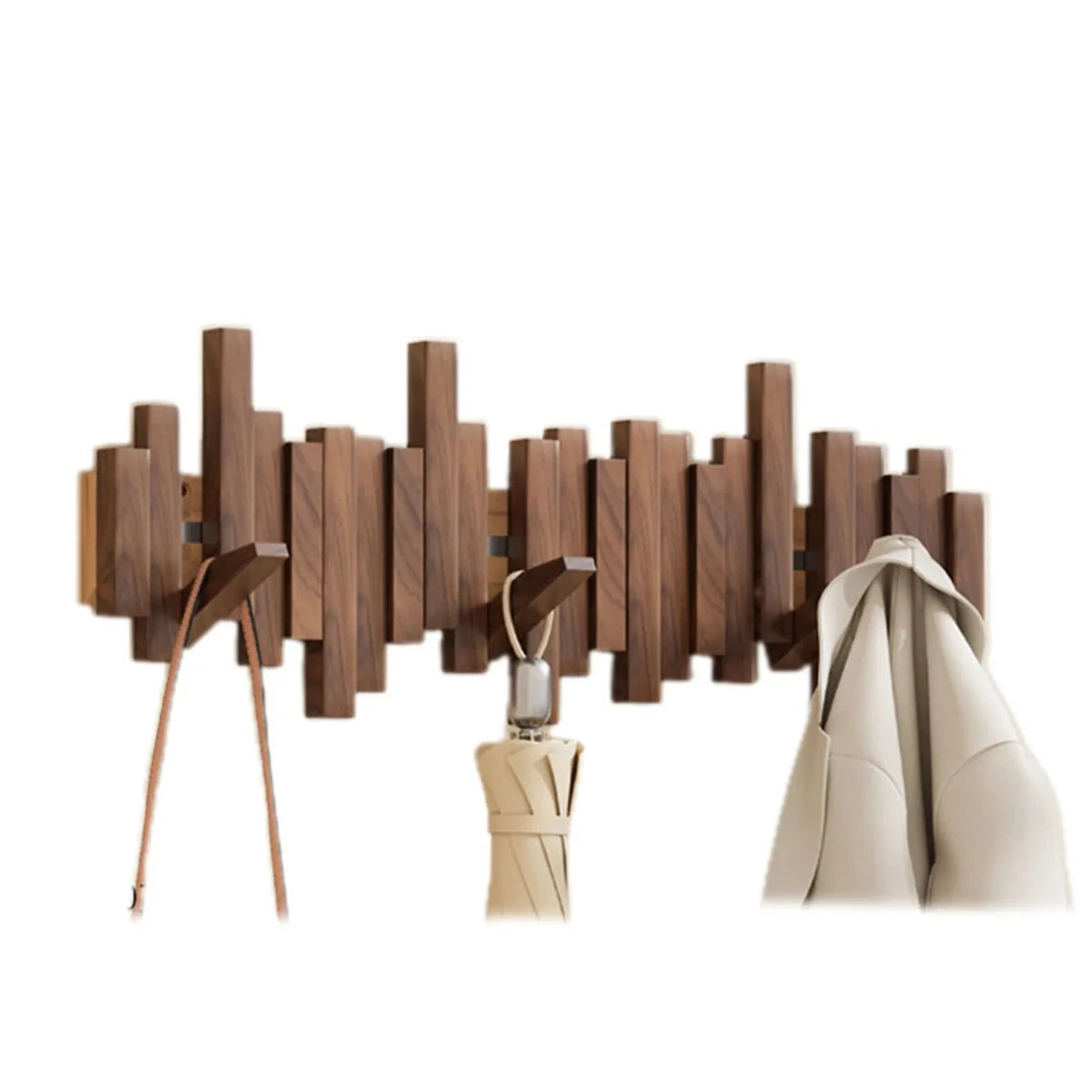Walnut beech wood piano key wall coat rack with foldable hooks