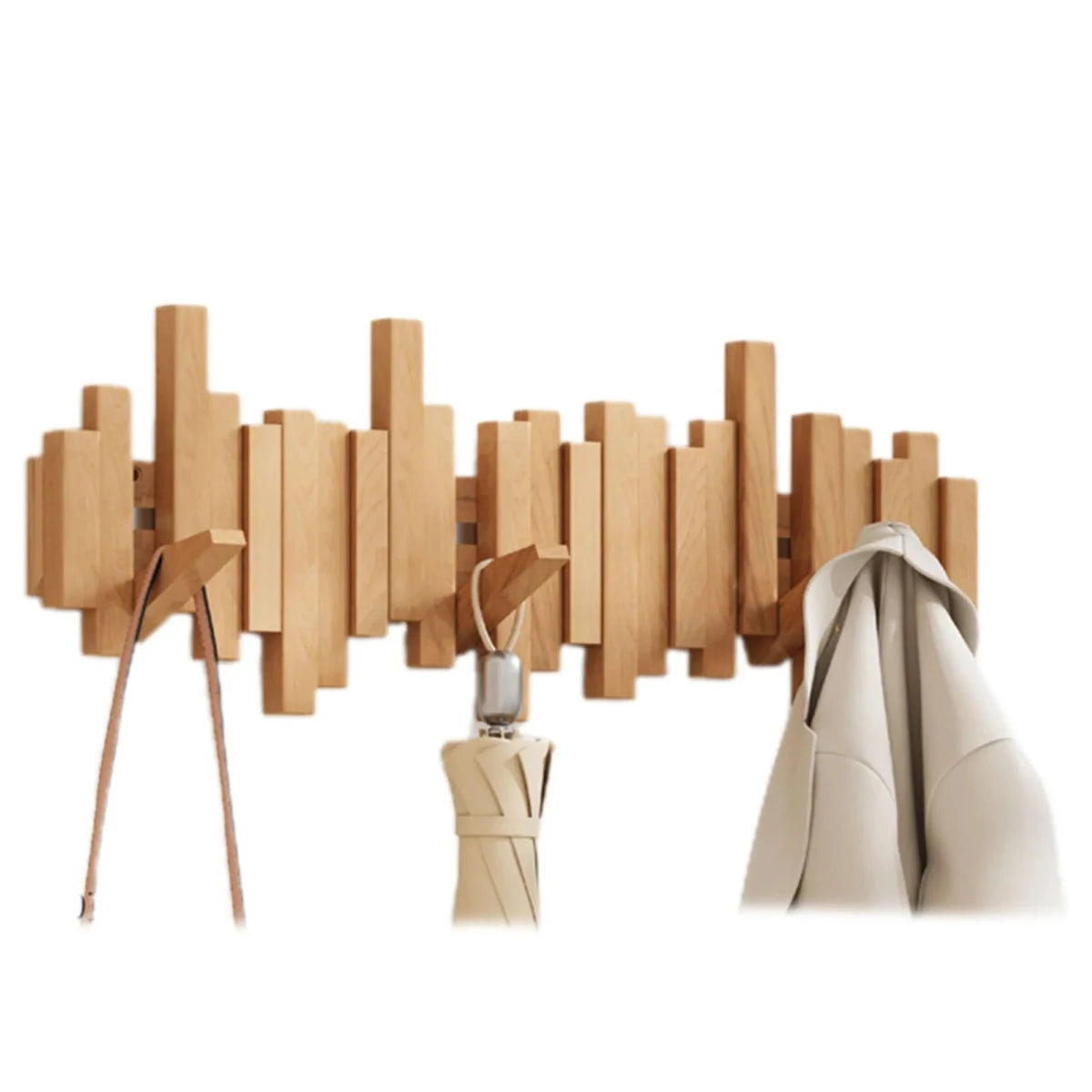 Walnut beech wood piano key wall coat rack with foldable hooks
