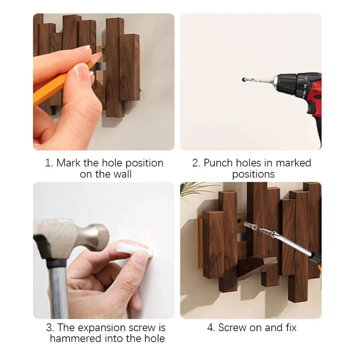 Walnut beech wood piano key wall coat rack with foldable hooks