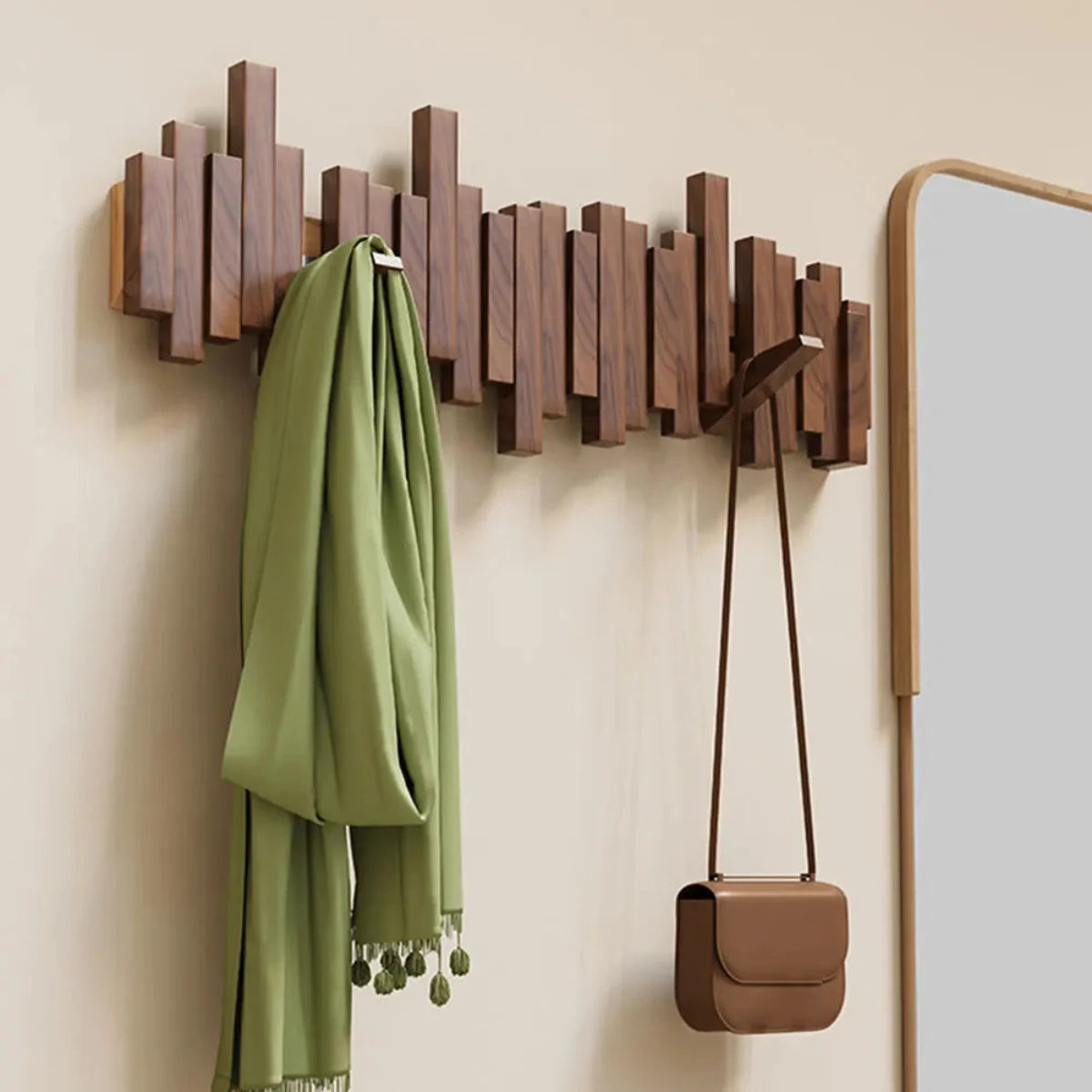 Walnut beech wood piano key wall coat rack with foldable hooks