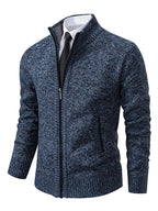 Men ribbed knit full-zip cardigan with stand collar in khaki