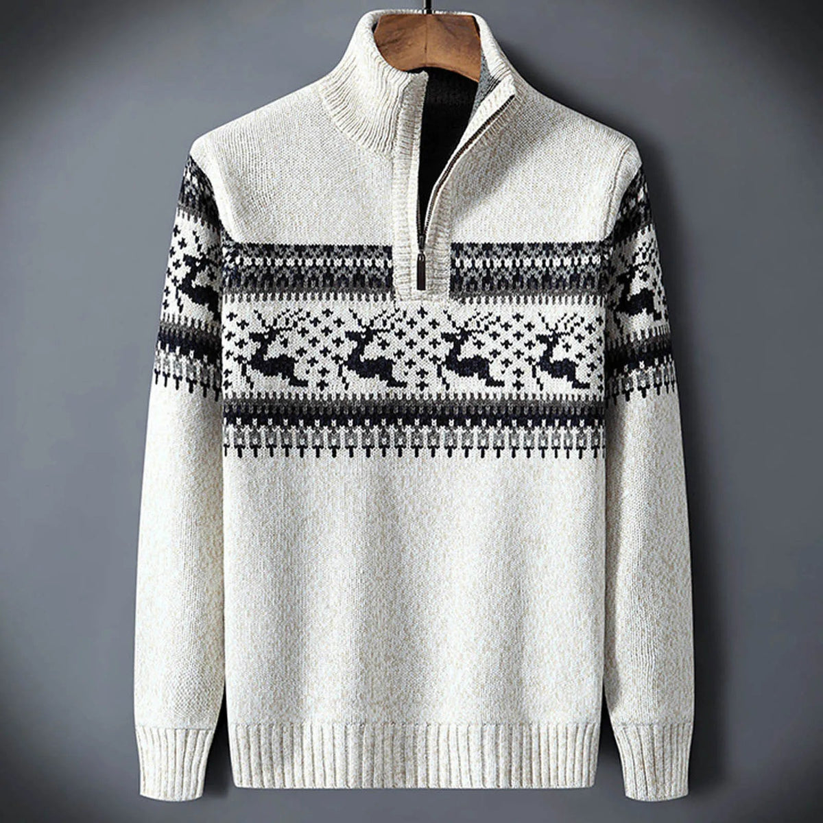 Men's Fair Isle half-zip sweater with stand collar and long sleeves, winter knitwear