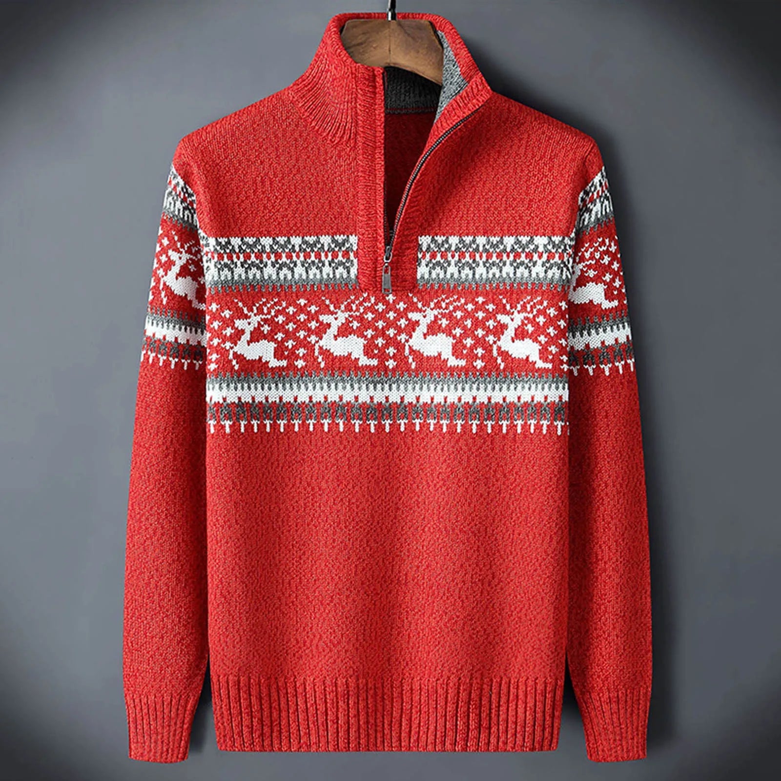 Men's Fair Isle half-zip sweater with stand collar and long sleeves, winter knitwear