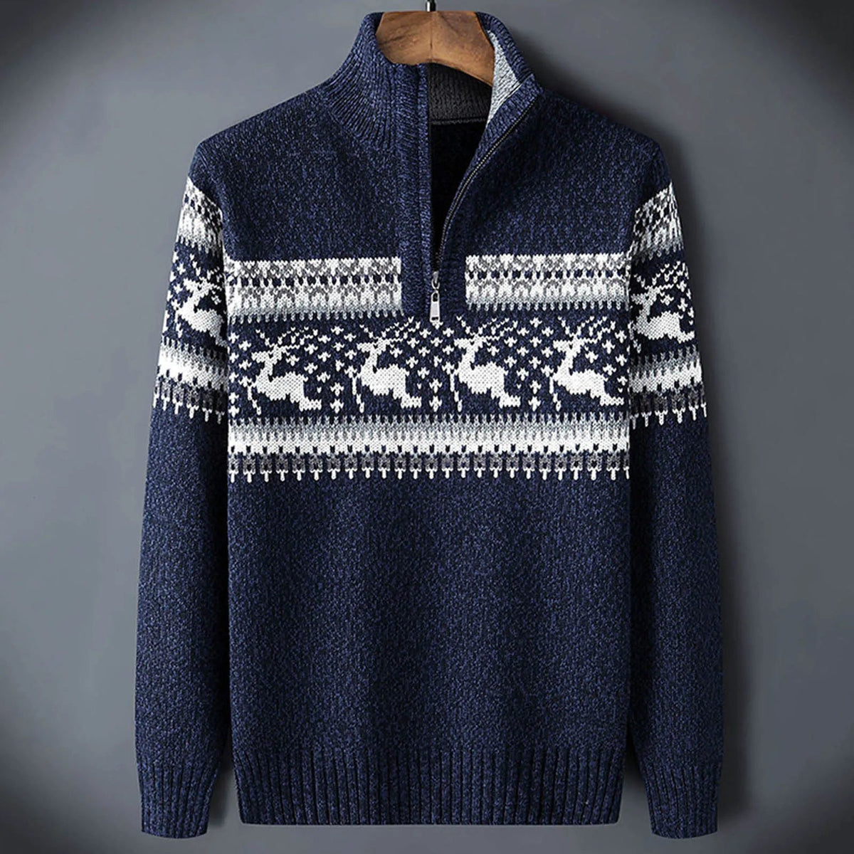 Men's Fair Isle half-zip sweater with stand collar and long sleeves, winter knitwear