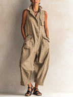 Women wide leg jumpsuit button down collar with pockets in black khaki olive