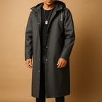 Men waterproof hooded rain jacket long cut in black
