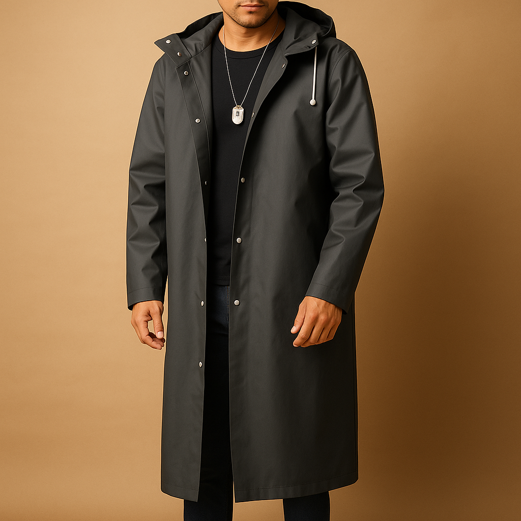Men waterproof hooded rain jacket long cut in black