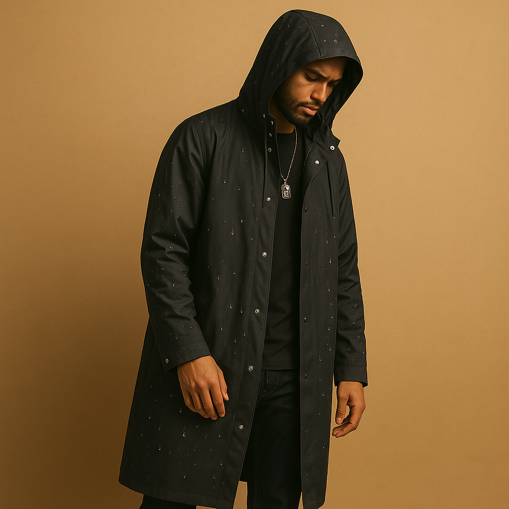 Men waterproof hooded rain jacket long cut in black