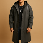 Men waterproof hooded rain jacket long cut in black