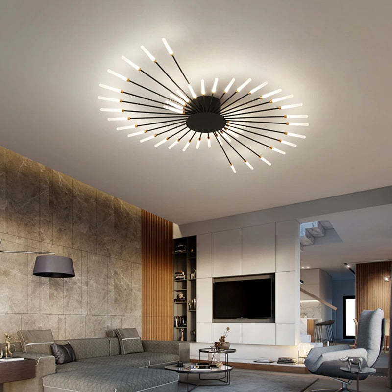 LED fireworks ceiling chandelier modern metal design in black and gold