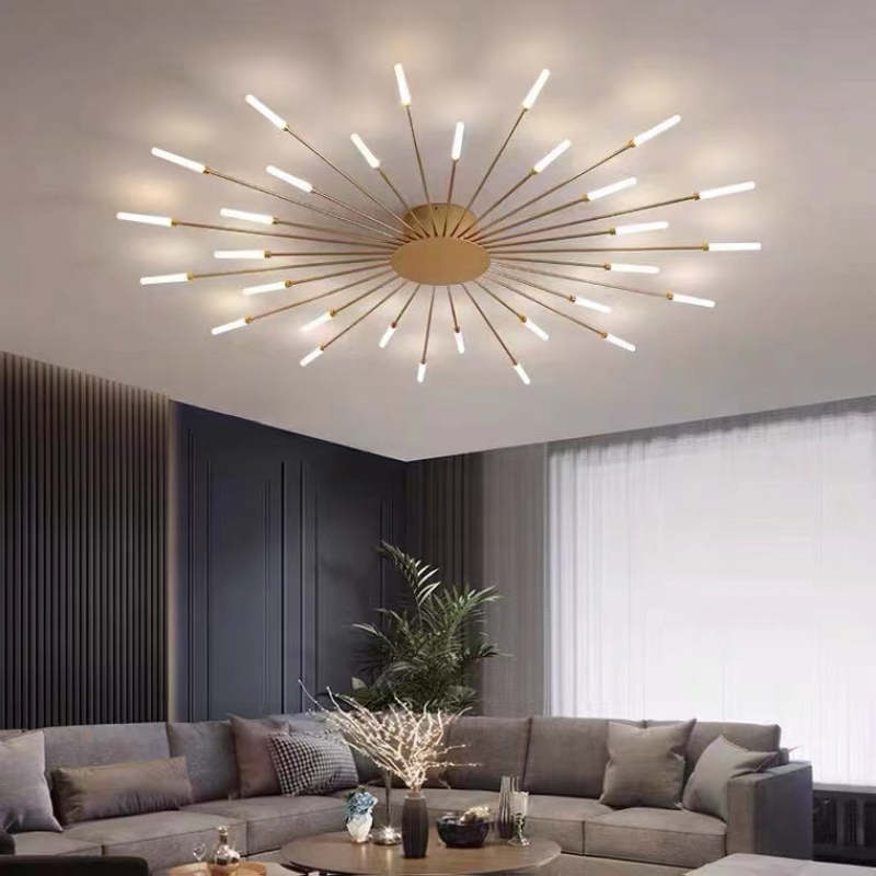 LED fireworks ceiling chandelier modern metal design in black and gold