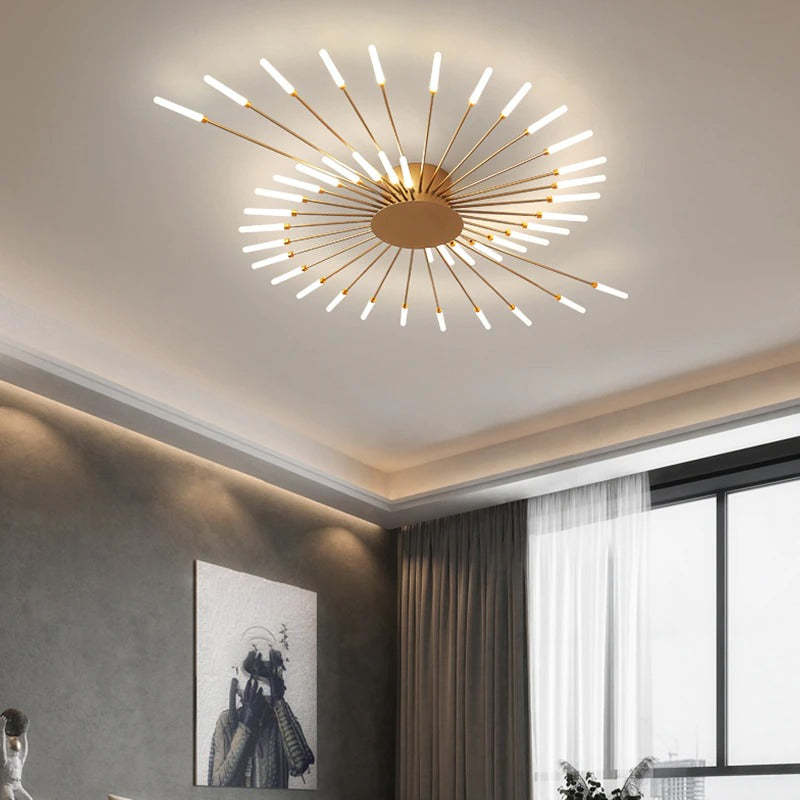 LED fireworks ceiling chandelier modern metal design in black and gold