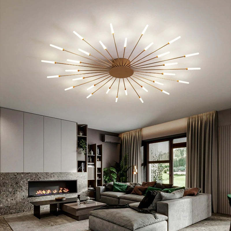 LED fireworks ceiling chandelier modern metal design in black and gold