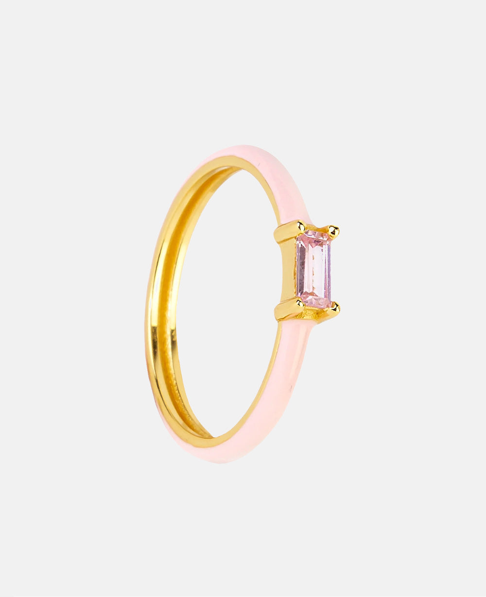 Pink enamel ring with zirconia stone, 925 sterling silver 18k gold plated