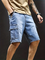 Men's denim cargo shorts with adjustable drawstring waistband and spacious pockets