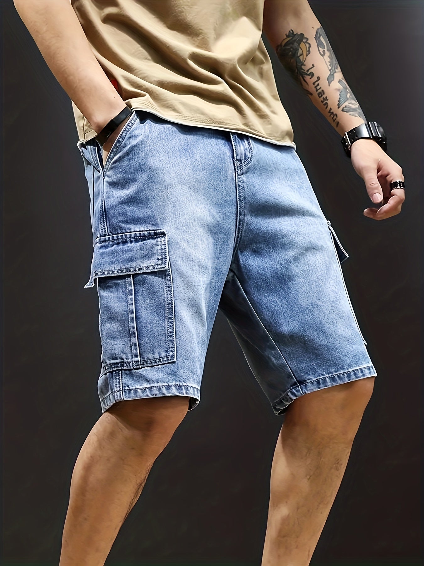 Men's denim cargo shorts with adjustable drawstring waistband and spacious pockets