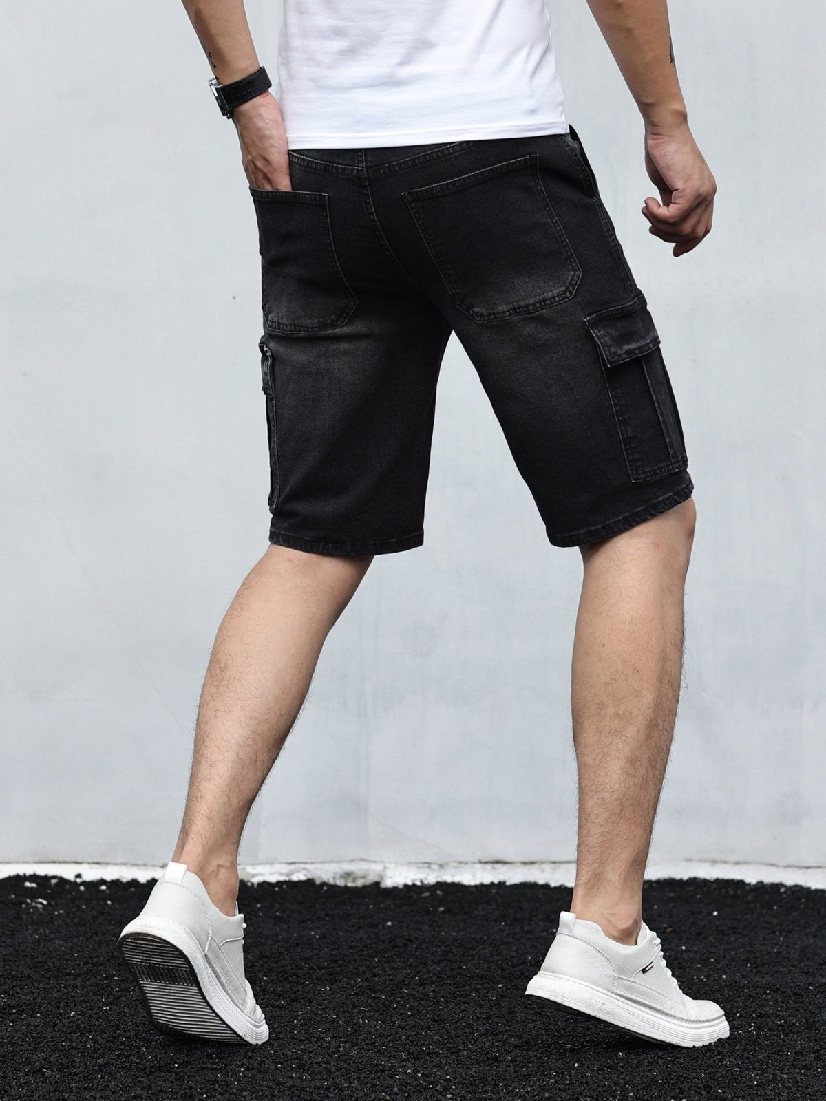 Men's denim cargo shorts with adjustable drawstring waistband and spacious pockets
