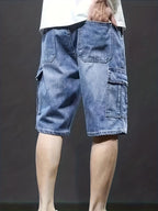 Men's denim cargo shorts with adjustable drawstring waistband and spacious pockets