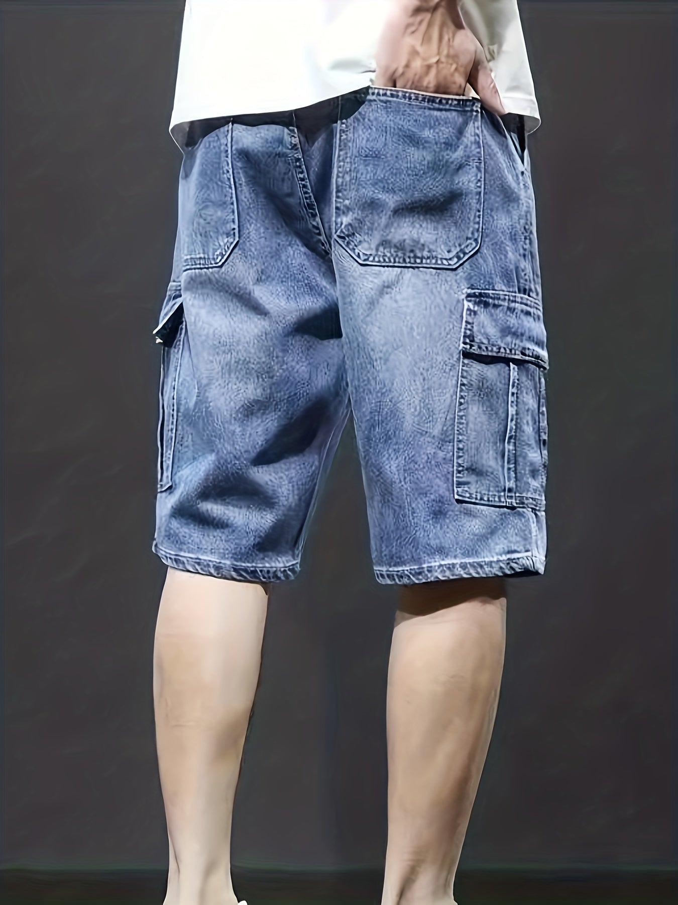 Men's denim cargo shorts with adjustable drawstring waistband and spacious pockets