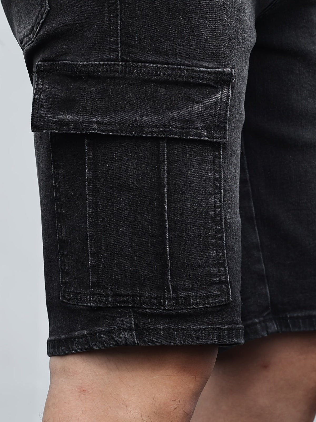 Men's denim cargo shorts with adjustable drawstring waistband and spacious pockets