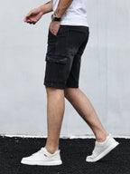 Men's denim cargo shorts with adjustable drawstring waistband and spacious pockets
