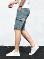 Men's denim cargo shorts with adjustable drawstring waistband and spacious pockets