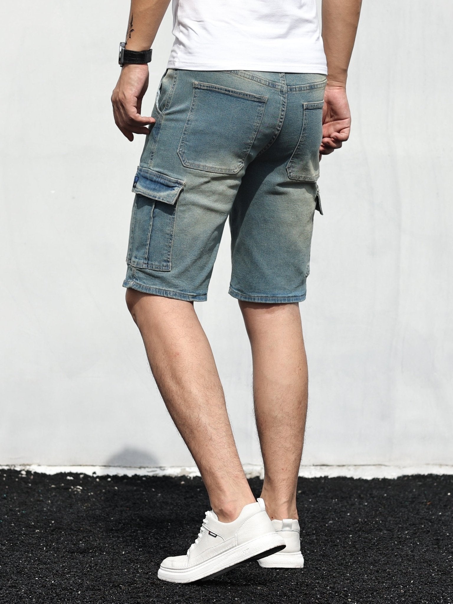 Men's denim cargo shorts with adjustable drawstring waistband and spacious pockets