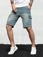 Men's denim cargo shorts with adjustable drawstring waistband and spacious pockets