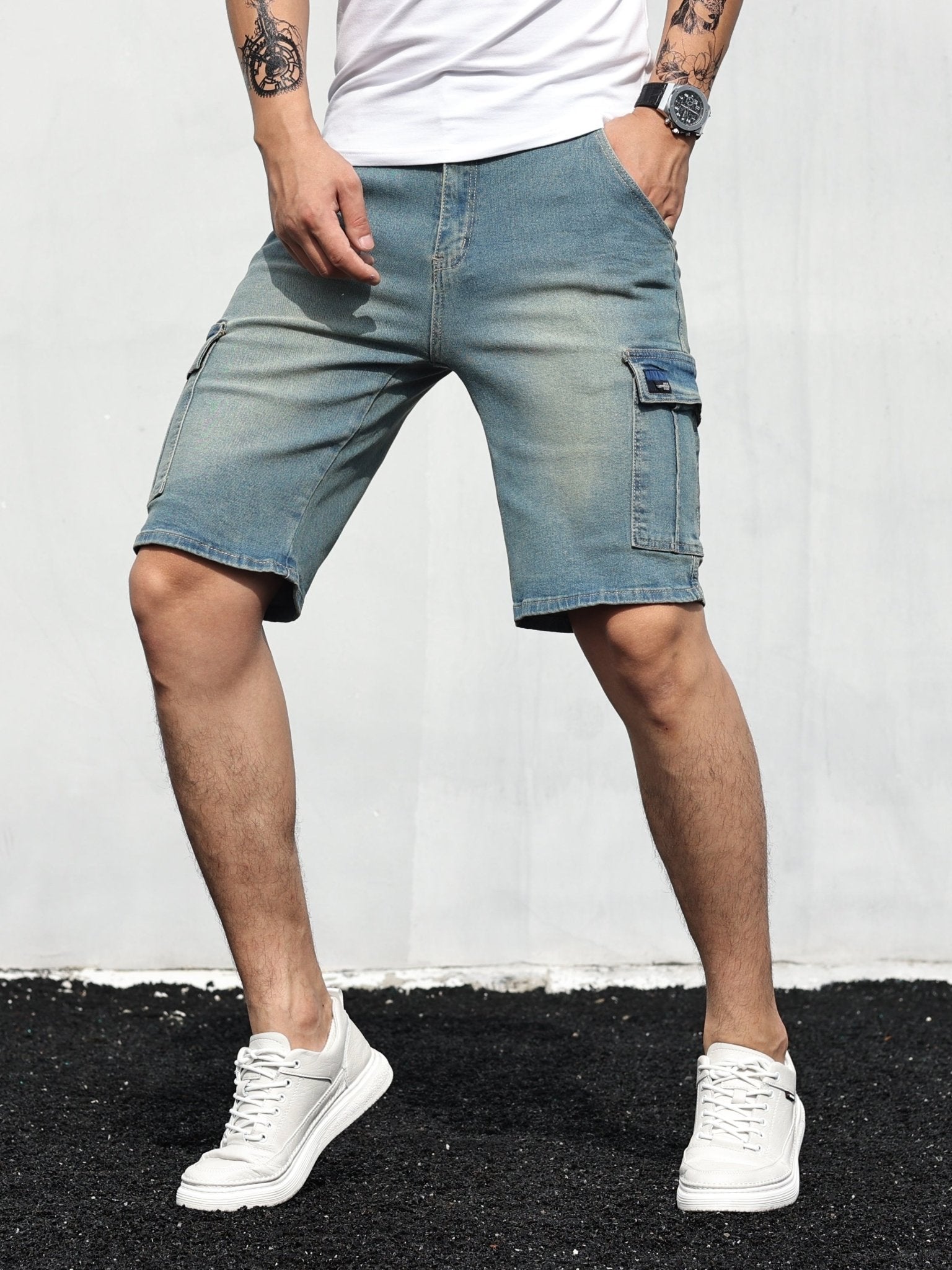 Men's denim cargo shorts with adjustable drawstring waistband and spacious pockets