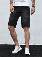 Men's denim cargo shorts with adjustable drawstring waistband and spacious pockets