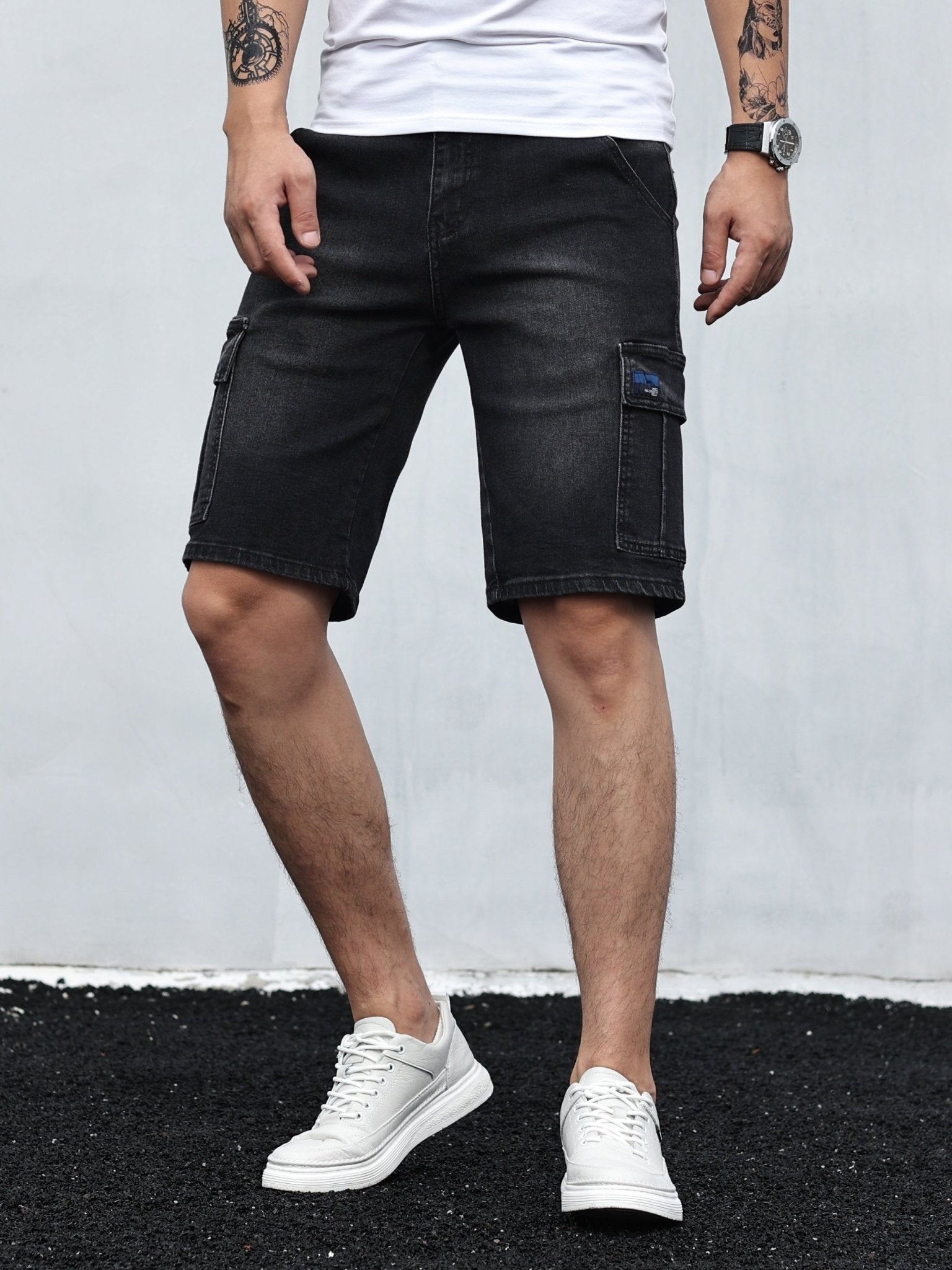 Men's denim cargo shorts with adjustable drawstring waistband and spacious pockets