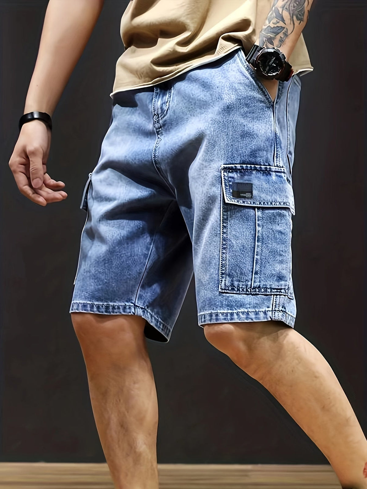 Men's denim cargo shorts with adjustable drawstring waistband and spacious pockets