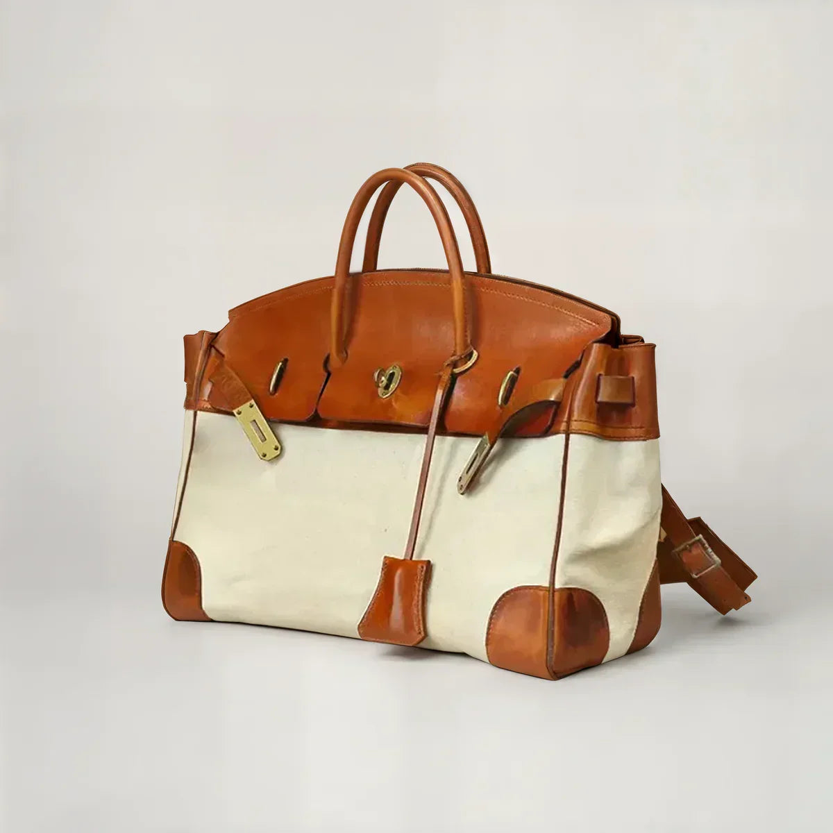 Leather weekend bag in light chocolate, top grain leather with gold tone hardware