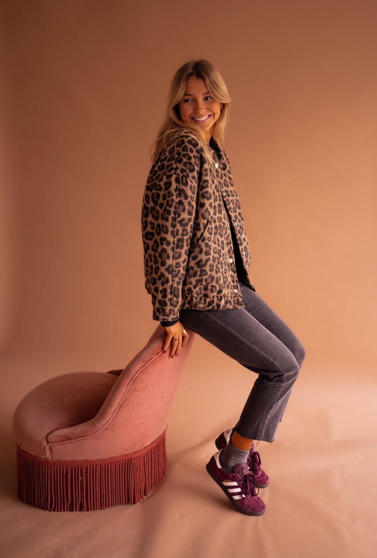 Women animal print jacket fully lined relaxed fit leopard pattern