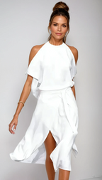 Women's midi dress with off-shoulder neckline and asymmetric hem, summer style