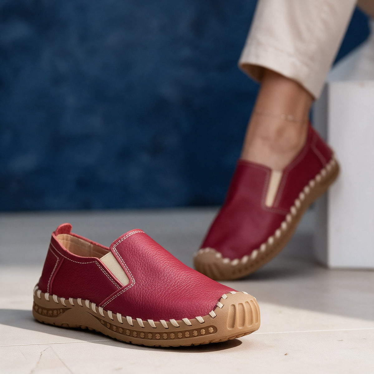 Women Orthopedic Shoes Leather Slip On Flat Hand Stitched Sole