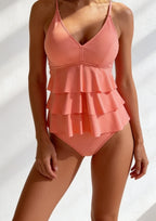 Tankini Women Two Piece Solid Ruffle Long Top Tummy Coverage