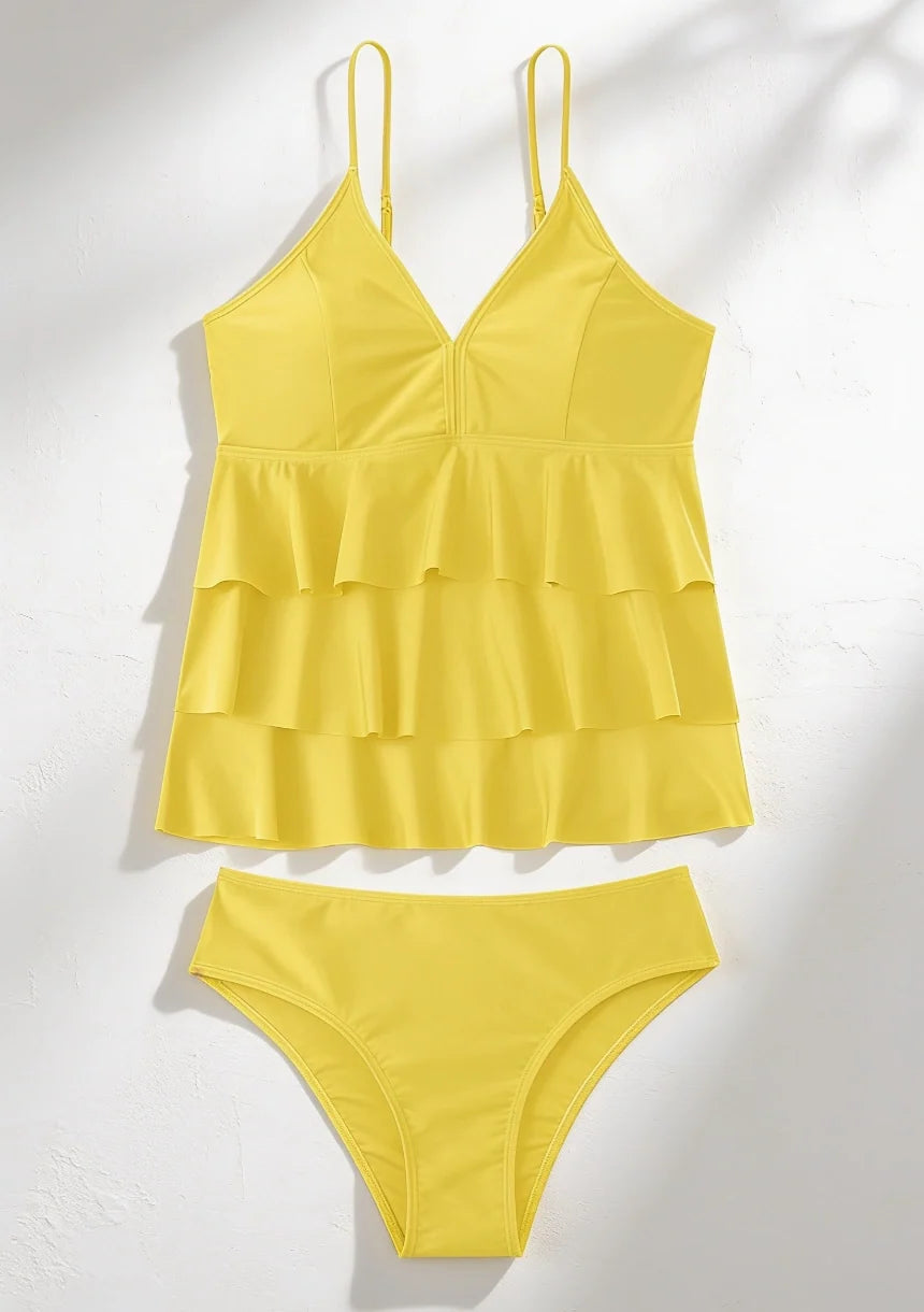 Tankini Women Two Piece Solid Ruffle Long Top Tummy Coverage