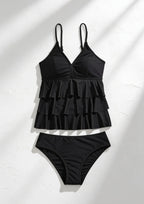 Tankini Women Two Piece Solid Ruffle Long Top Tummy Coverage