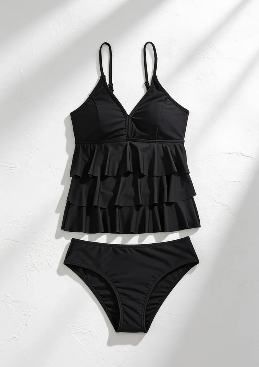 Tankini Women Two Piece Solid Ruffle Long Top Tummy Coverage