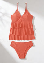 Tankini Women Two Piece Solid Ruffle Long Top Tummy Coverage