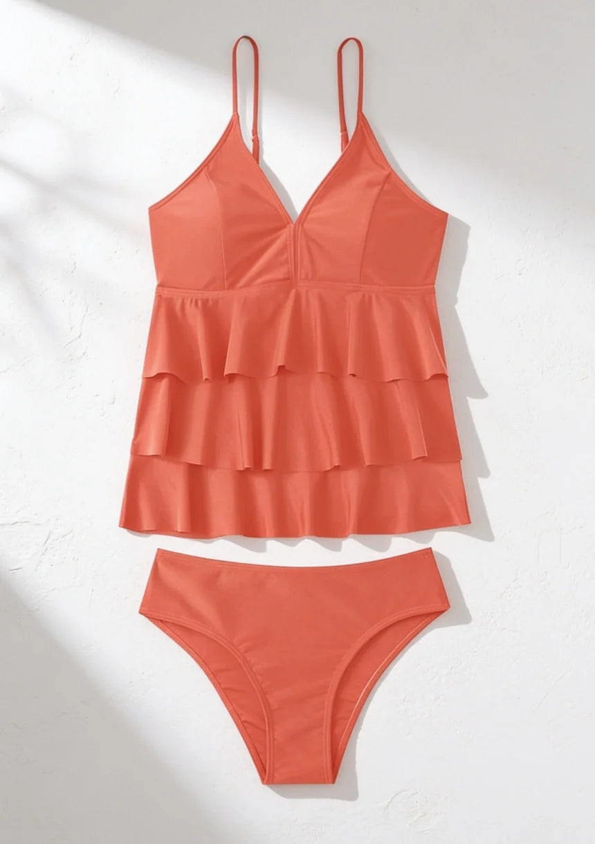 Tankini Women Two Piece Solid Ruffle Long Top Tummy Coverage